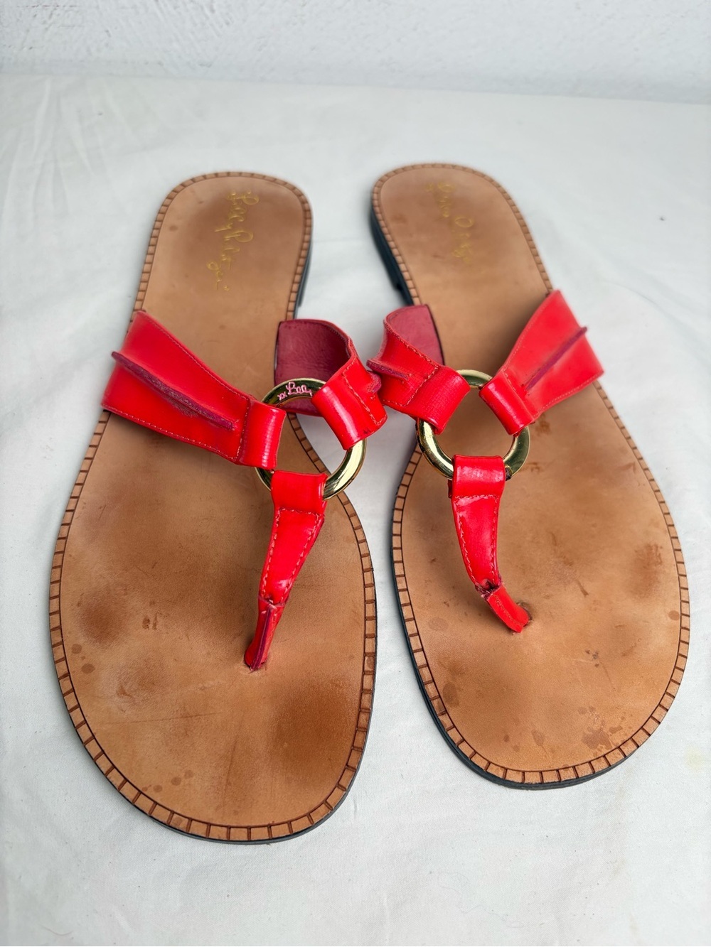 LILLY PULITZER McKim Deep Coral Patent Leather O-Ring Thong Sandals 9 - Picture 3 of 9